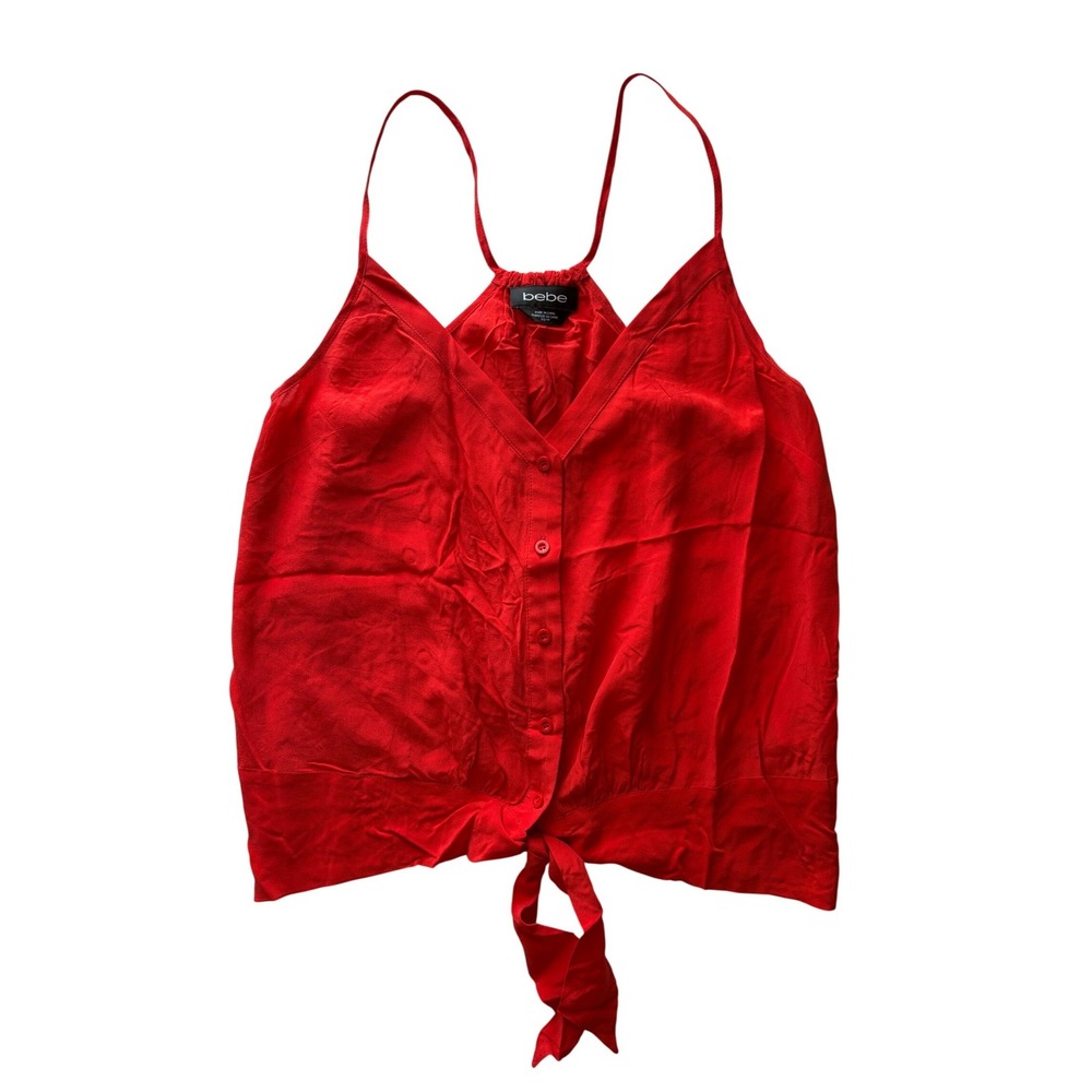 Bebe 100% Mulberry Silk Fiery Red Button Tie Front Cami Top Fiery Red XS 60J84